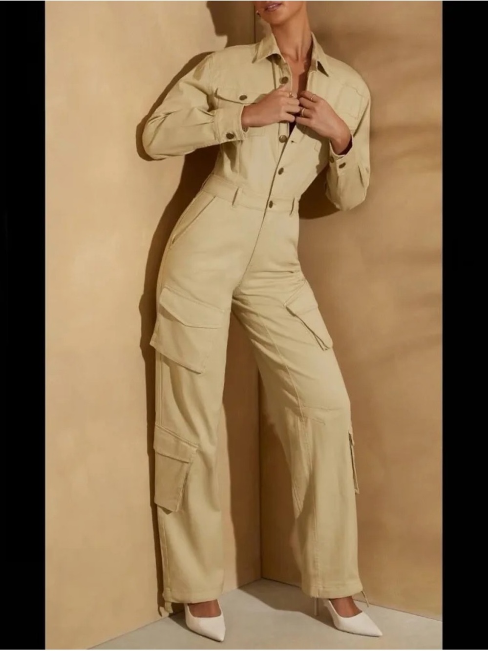 Oh Polly Blake Sage Twill Cargo Utility Jumpsuit Long Sleeve Sz 6 Wide Leg NEW